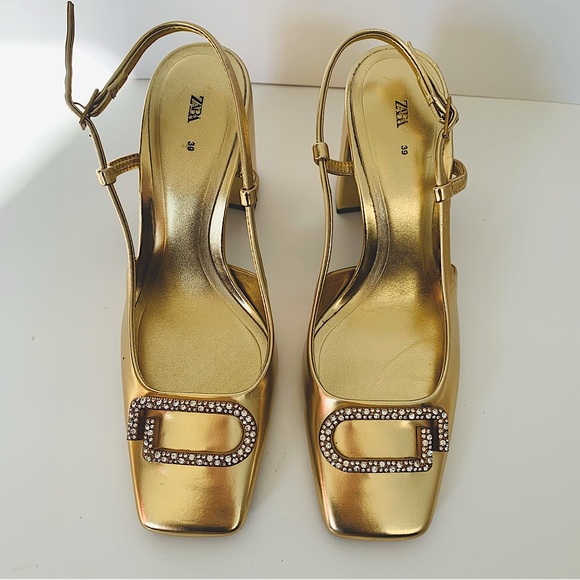 ZARA Embellished Block Heel Slingback Shoes Gold - Picture 6 of 15